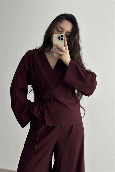 Premium Gül Detaylı Kimono Takım Bordo