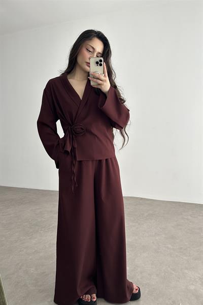 Premium Gül Detaylı Kimono Takım Bordo