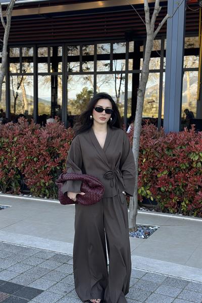 Premium Gül Detaylı Kimono Takım Kahve