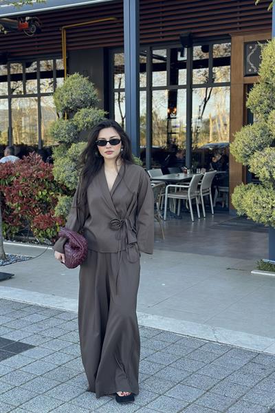 Premium Gül Detaylı Kimono Takım Kahve