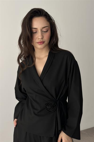 Premium Gül Detaylı Kimono Takım Siyah