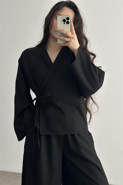 Premium Gül Detaylı Kimono Takım Siyah