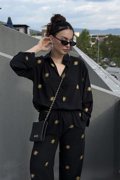 Premium Güneş Nakışlı Siyah Pantolon Gömlek Takım