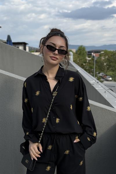 Premium Güneş Nakışlı Siyah Pantolon Gömlek Takım