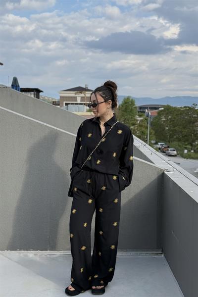 Premium Güneş Nakışlı Siyah Pantolon Gömlek Takım