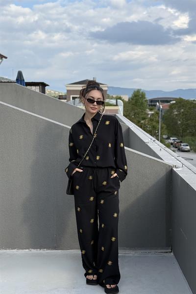 Premium Güneş Nakışlı Siyah Pantolon Gömlek Takım