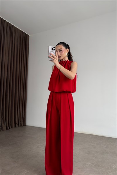 Premium Halter Kesim Bluz Pantolon Kırmızı Takım