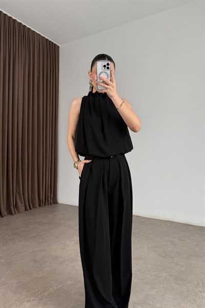 Premium Halter Kesim Bluz Pantolon Siyah Takım