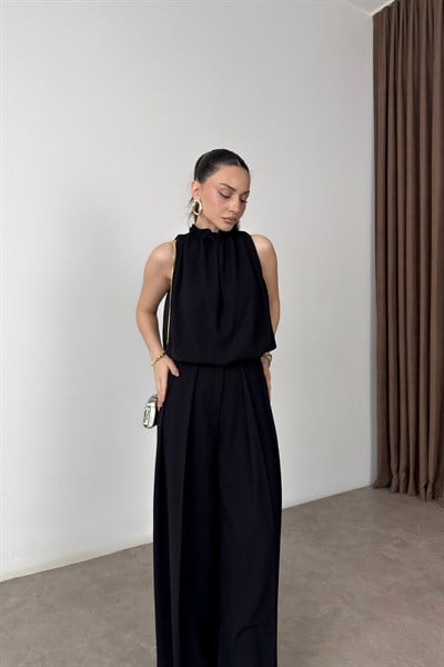 Premium Halter Kesim Bluz Pantolon Siyah Takım