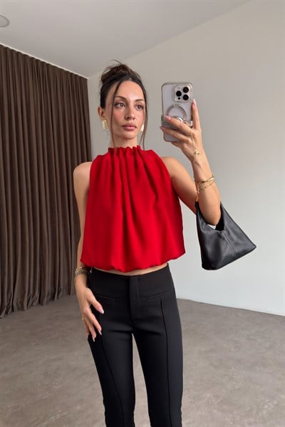 Premium Halter Yaka Kırmızı Bluz