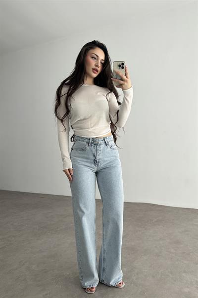 Premium İce Blue Straightleg Taşlı Jean 