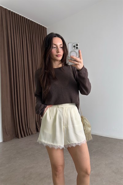 Premium İpek Saten Ekru Dantelli Şort