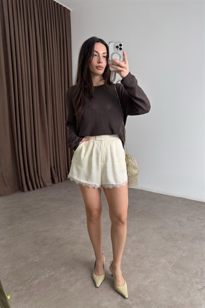 Premium İpek Saten Ekru Dantelli Şort