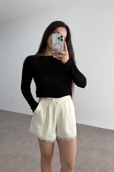 Premium İpek Saten Ekru Dantelli Şort