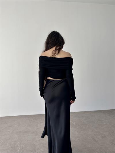 Premium İpek Saten Siyah Midi Etek