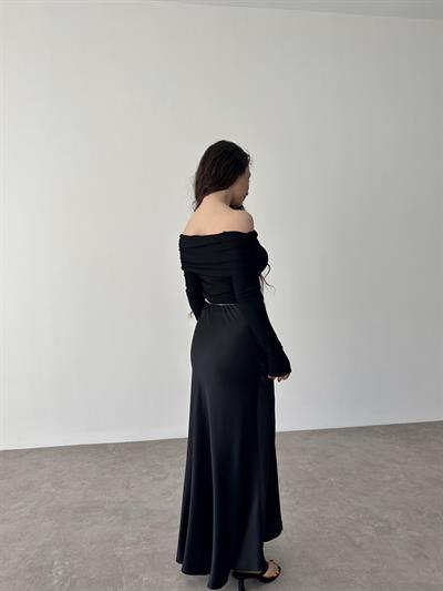 Premium İpek Saten Siyah Midi Etek