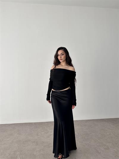 Premium İpek Saten Siyah Midi Etek