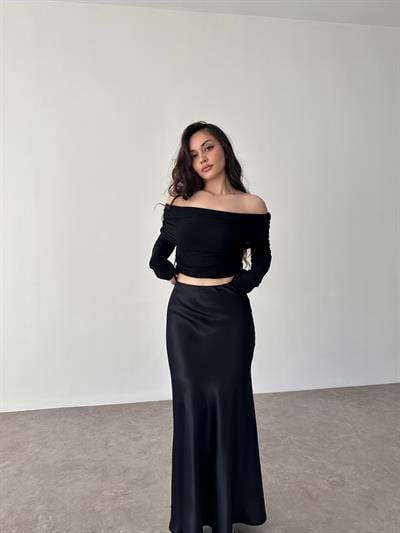 Premium İpek Saten Siyah Midi Etek