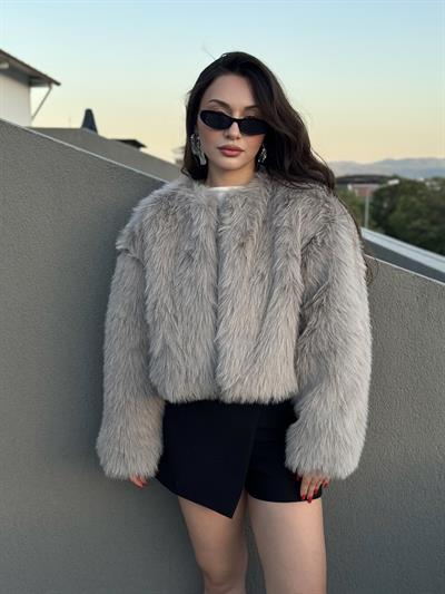 Premium İthal Yakasız Gri Kürk