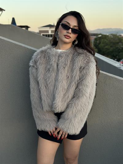 Premium İthal Yakasız Gri Kürk