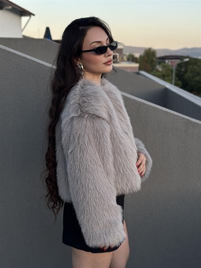 Premium İthal Yakasız Gri Kürk