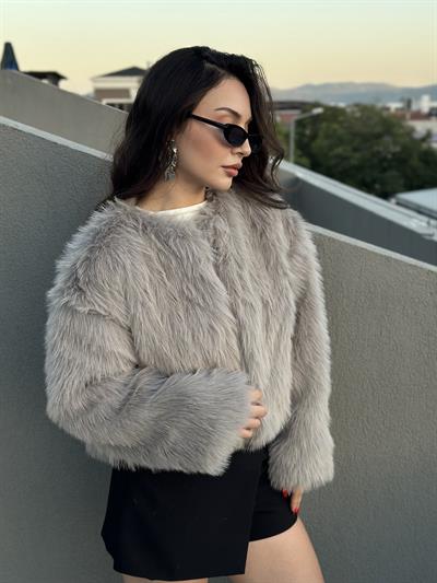 Premium İthal Yakasız Gri Kürk