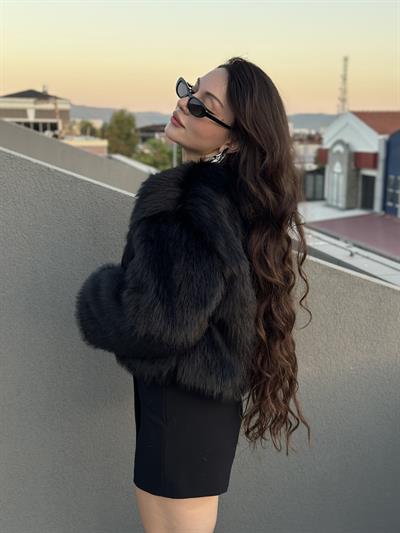 Premium İthal Yakasız Siyah Kürk