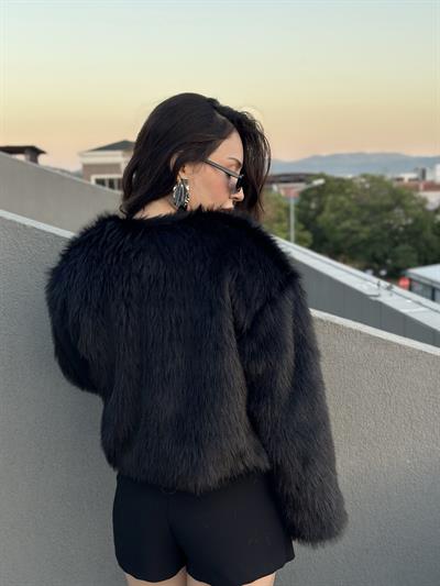 Premium İthal Yakasız Siyah Kürk