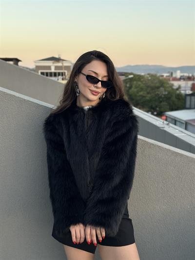 Premium İthal Yakasız Siyah Kürk