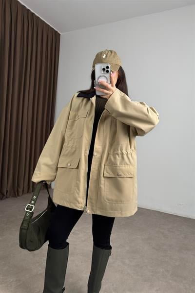 Premium Kadife Yakalı Ekose Astarlı Büzgülü Bej Parka