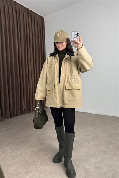 Premium Kadife Yakalı Ekose Astarlı Büzgülü Bej Parka