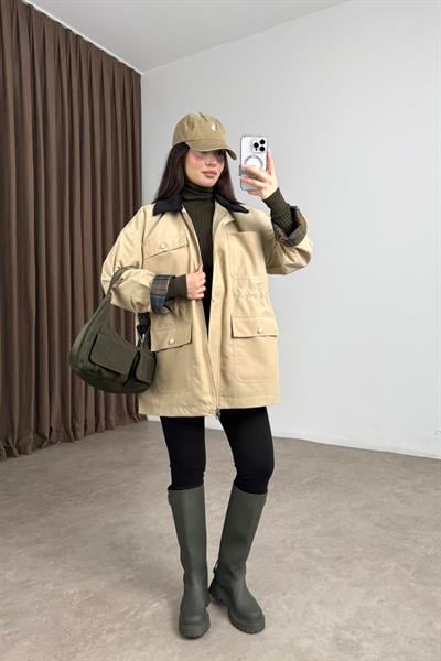 Premium Kadife Yakalı Ekose Astarlı Büzgülü Bej Parka