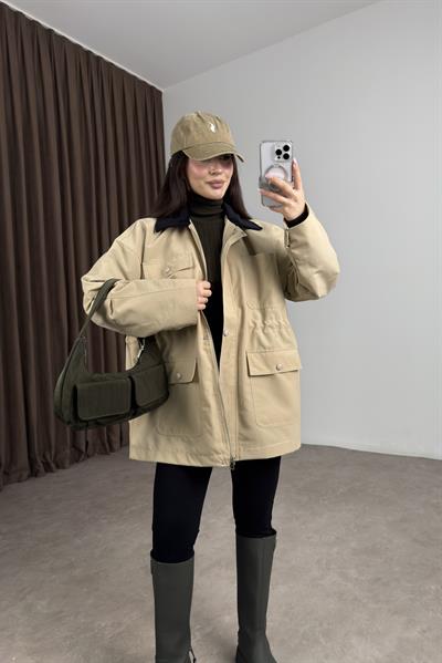 Premium Kadife Yakalı Ekose Astarlı Büzgülü Bej Parka