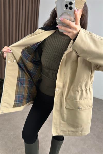 Premium Kadife Yakalı Ekose Astarlı Büzgülü Bej Parka