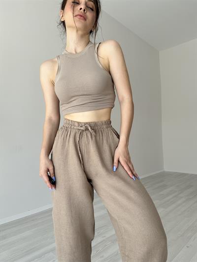 Premium Kahve Ham Keten Dar Paça Pantolon