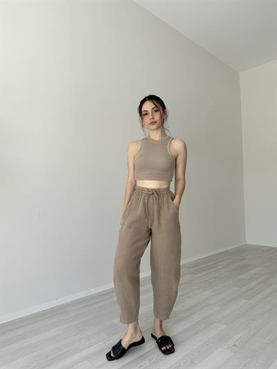 Premium Kahve Ham Keten Dar Paça Pantolon