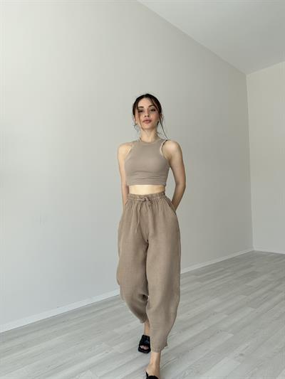 Premium Kahve Ham Keten Dar Paça Pantolon