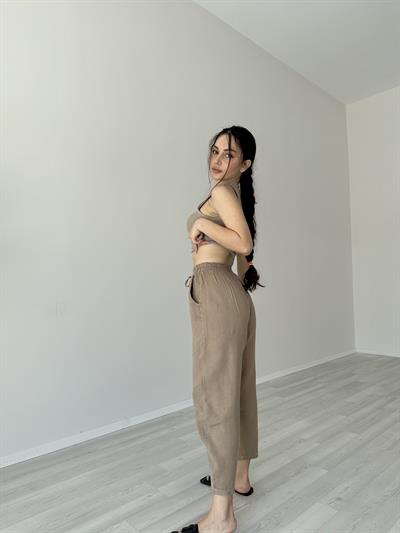 Premium Kahve Ham Keten Dar Paça Pantolon