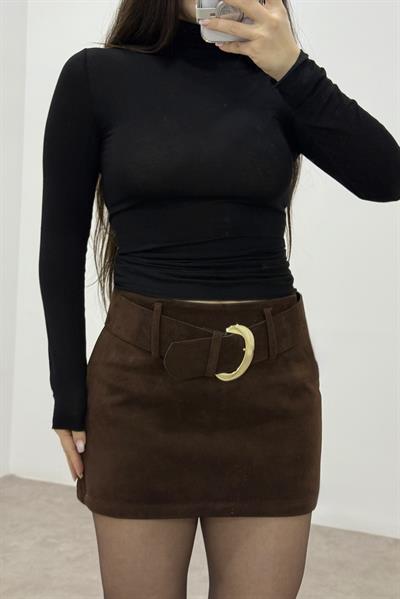 Premium Kahve Kalın Süet Kemerli Etek 