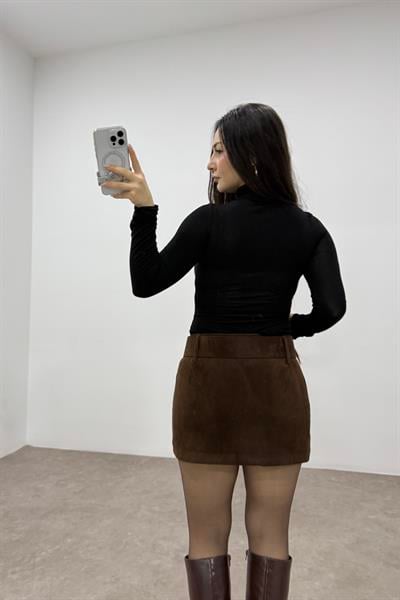 Premium Kahve Kalın Süet Kemerli Etek 