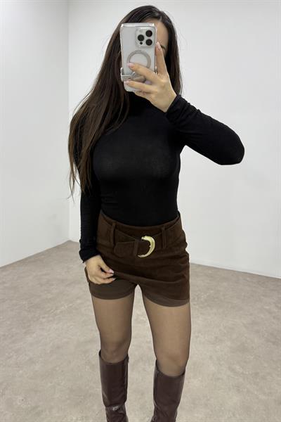 Premium Kahve Kalın Süet Kemerli Etek 