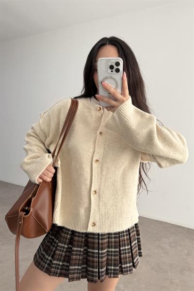 Premium Kalın Ters Dikiş Detaylı Bej Hırka