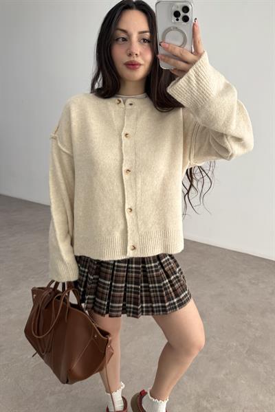 Premium Kalın Ters Dikiş Detaylı Bej Hırka