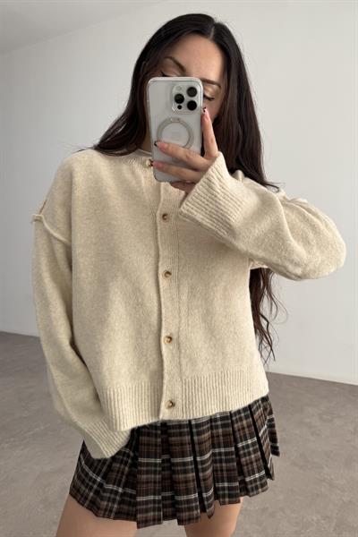 Premium Kalın Ters Dikiş Detaylı Bej Hırka