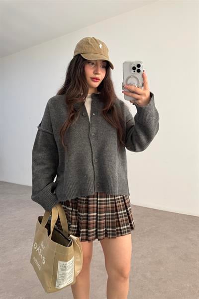 Premium Kalın Ters Dikiş Detaylı Füme  Hırka