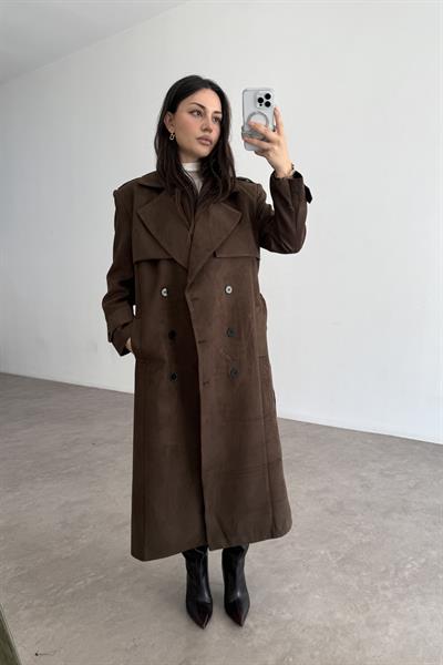 Premium Kalite Acı Kahve Süet Trençkot
