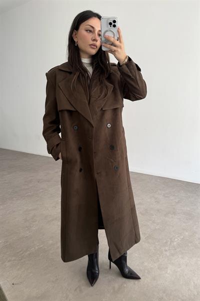 Premium Kalite Acı Kahve Süet Trençkot