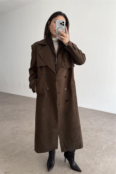 Premium Kalite Acı Kahve Süet Trençkot