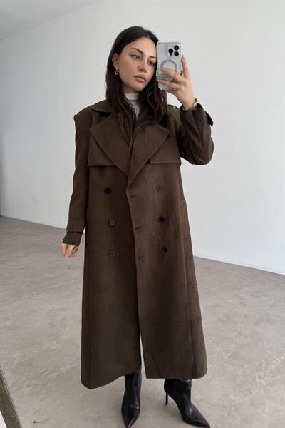 Premium Kalite Acı Kahve Süet Trençkot