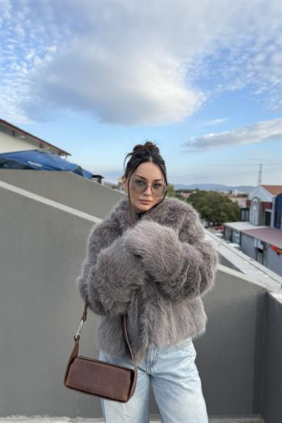 Premium Kalite Kapüşonlu Kürk Füme